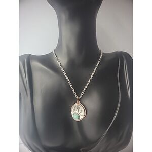 New Handmade Necklace Chain Silver Tone Pendant Round Silver Blue Stone Cactus
